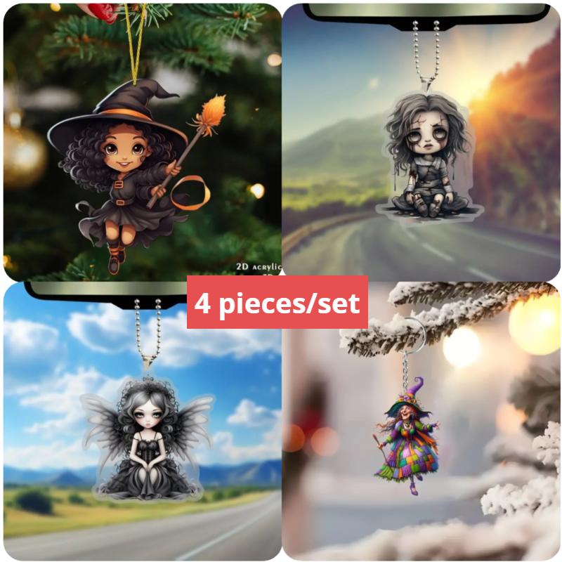Halloween New Pumpkin Witch Pendant Magic Sweep Girl Flat 2D Rearview Mirror Decoration Pendant Keychain Pendant Set