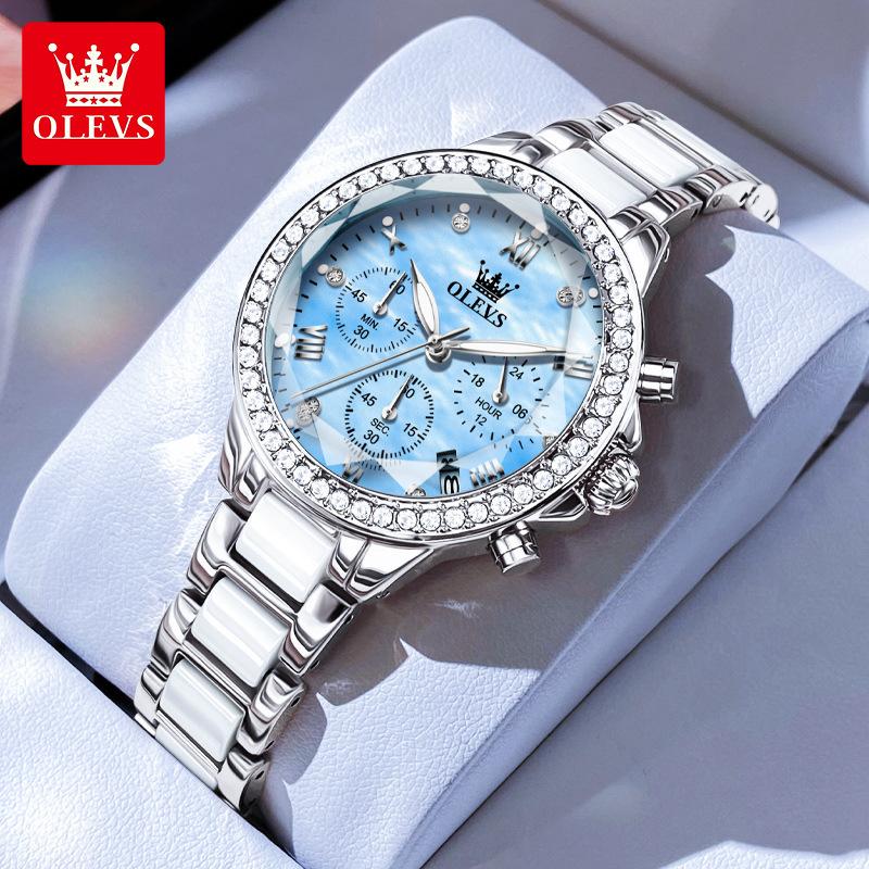 Ladies' Three Eye Timing Quartz Watch Diamond Inlaid Bezel Ceramic Strap Waterproof Luminous Women's Light Luxury Watch