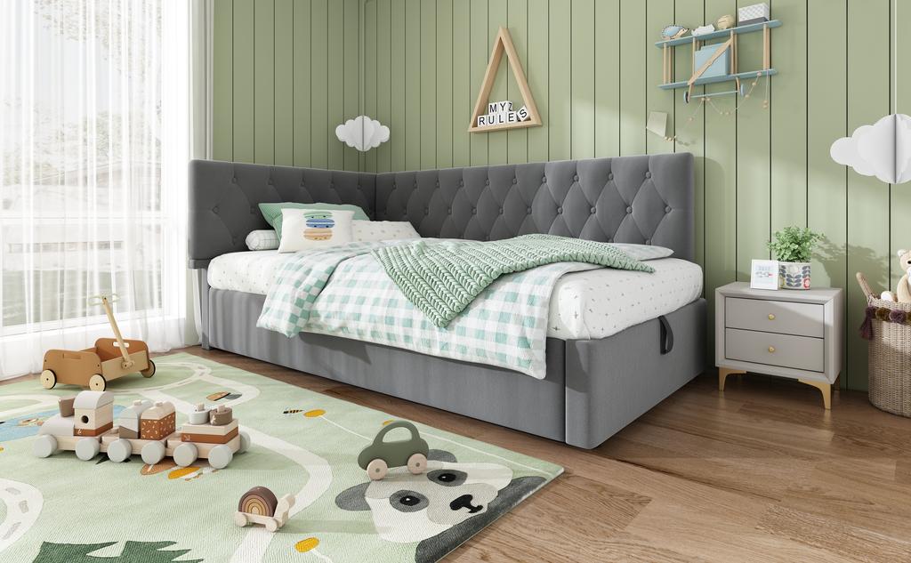 Upholstered Bed Daybed 90x190cm, Sofa Bed with Hydraulic Storage, Children's Youth Bed Frame with Wooden Slatted Base, Velvet, Grey, without Mattress.