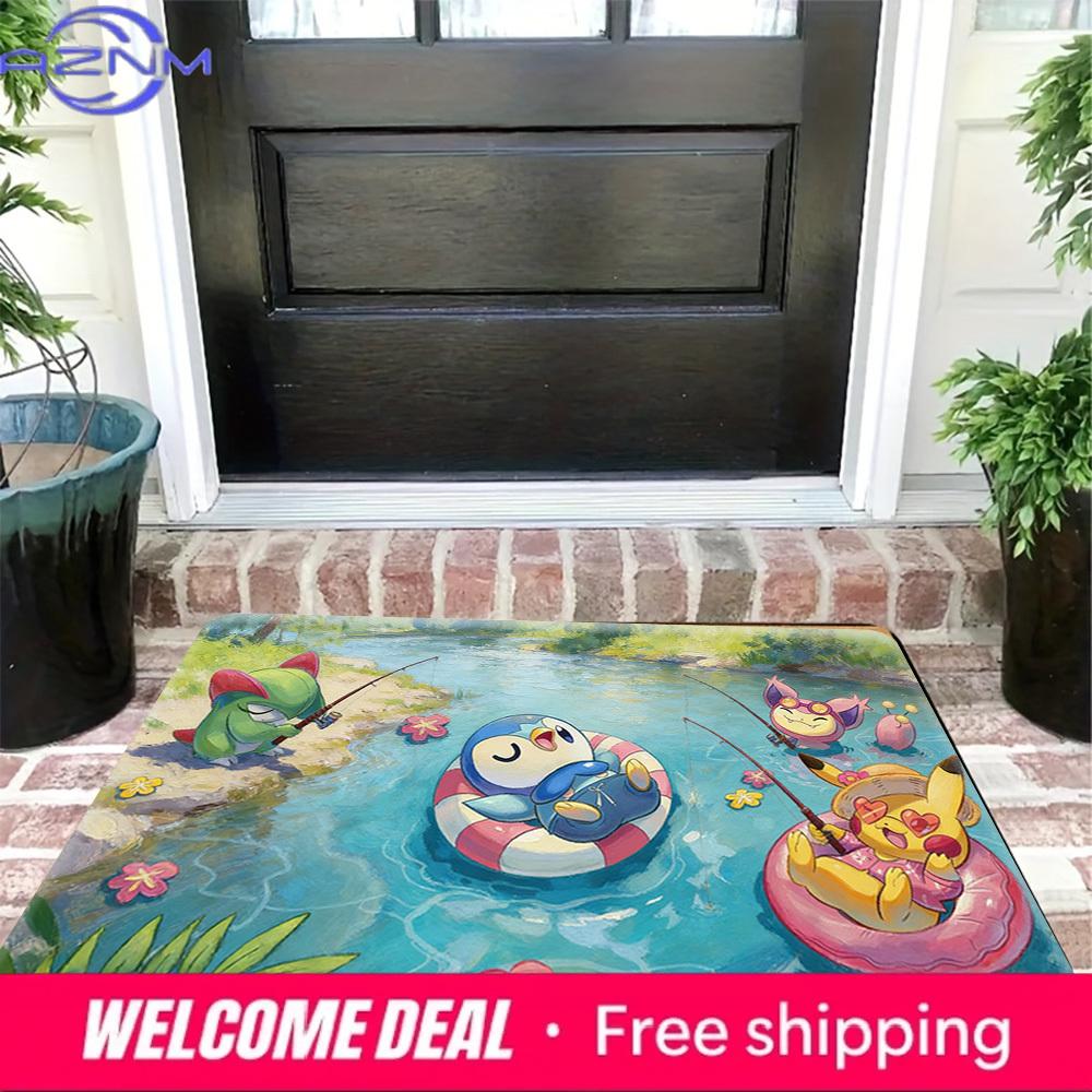 Pokemon Cute Characters River Fishing Print Non-slip Doormat, Soft Absorbent Floor Rug for Home Decor