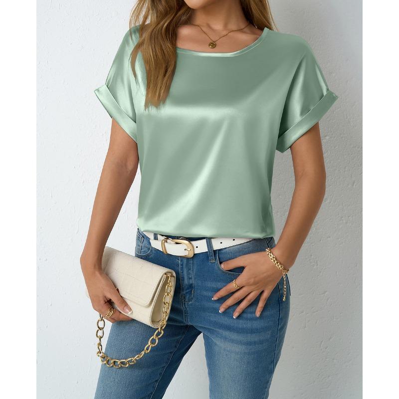 Women's Spring Summer Short-sleeved Satin Shirt Loose Casual Color T Shirt
