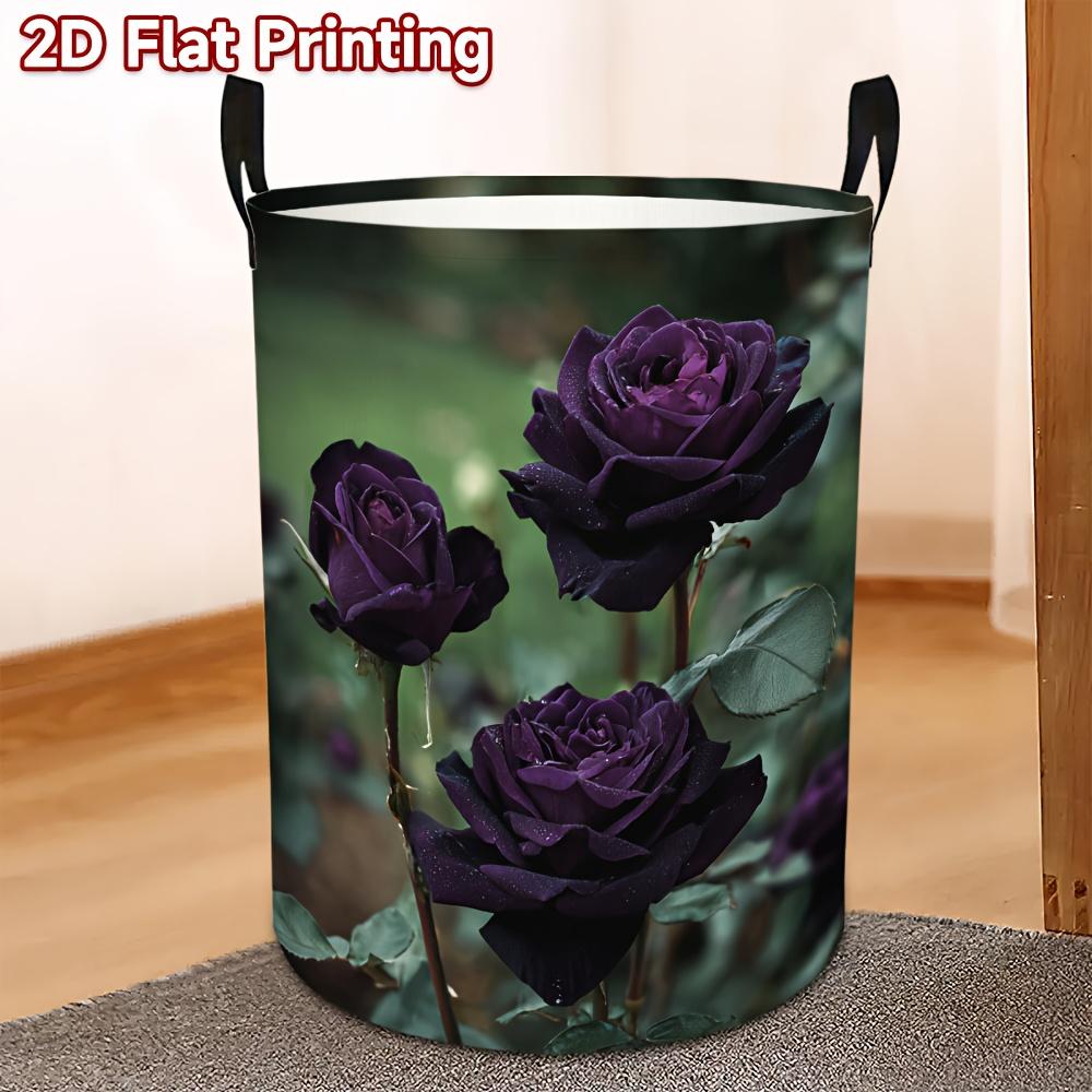 1pc Laundry Basket, Purple Rose Pattern Dirty Clothes Basket, Polyester Fabric with Handle, High-Quality Foldable Storage Basket, Suitable for Various