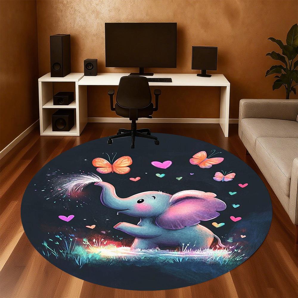 1PC Elephant Butterflies Hearts Round Chair mat Area Rug - Non-Slip, Floor Mat for Office, Bedroom, home decor Christmas Gift c0528082