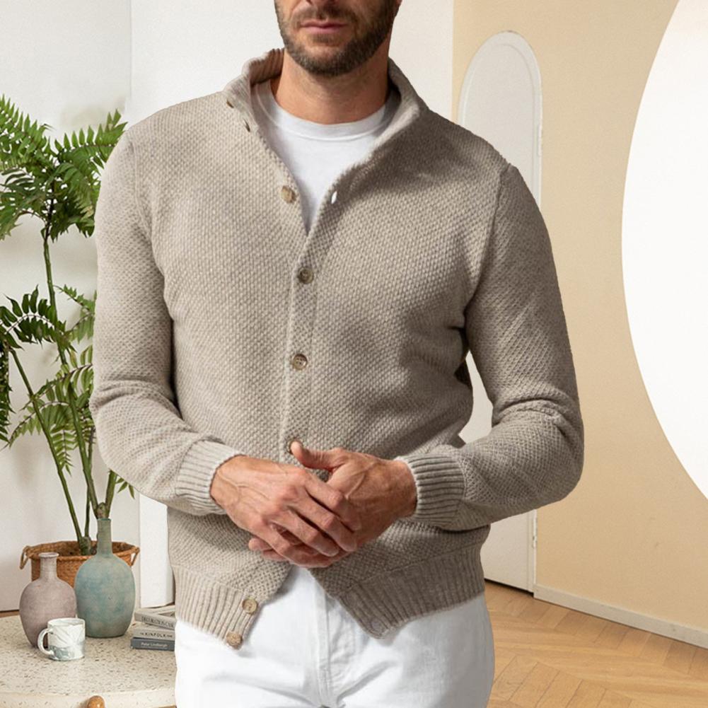 Fall Winter Men Sweater Knitted Single-breasted Buttons Long Sleeves Stand Collar Solid Color Elastic Cardigan Mid Length Daily