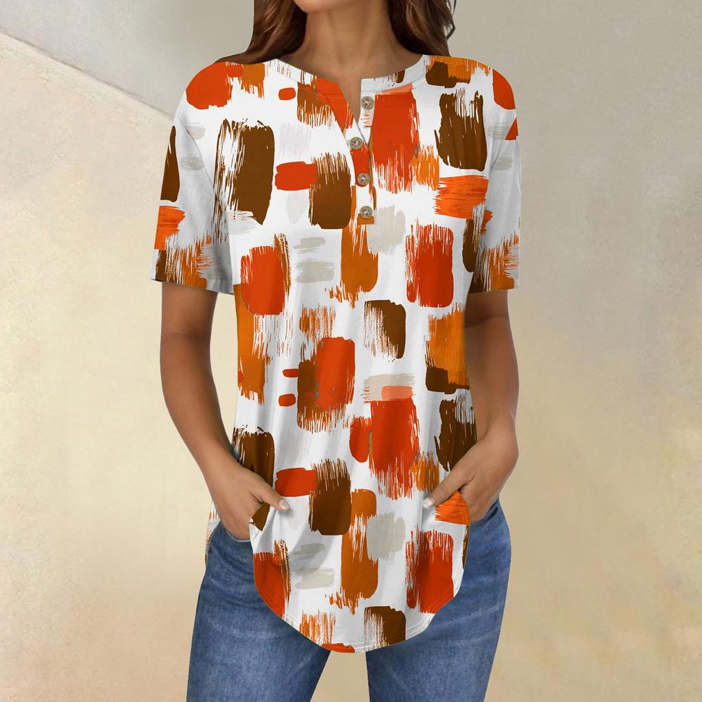 Short Sleeve Womens Tops Summer T-Shirts Floral Print V Neck Casual Basic Tee Button Shirts Tunic Tops