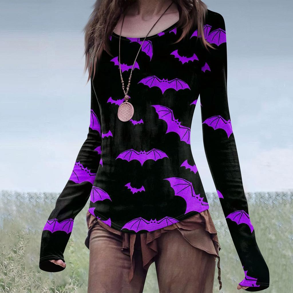 Women's Fashion Casual Mori Slim Long Sleeve Halloween Printed Round-Neck Regular Top