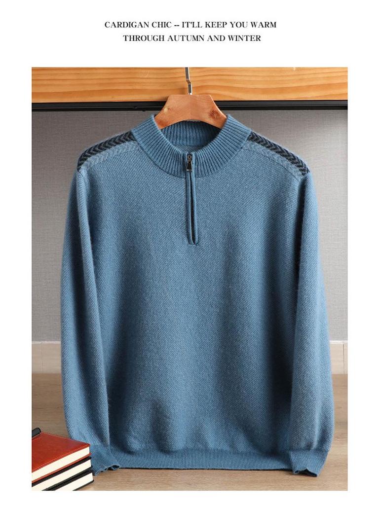 Men's Cashmere Half-Zip Pullover: Youthful Round Neck, Thick Wool Sweater, Plus Size, Casual Autumn/Winter Knitwear.