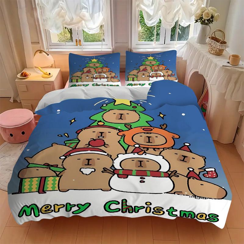 3pcs Christmas Capybara Bedding Set - 1 Duvet Cover + 2 Pillowcases(Core Not Included), Machine Washable Polyester yy251216160
