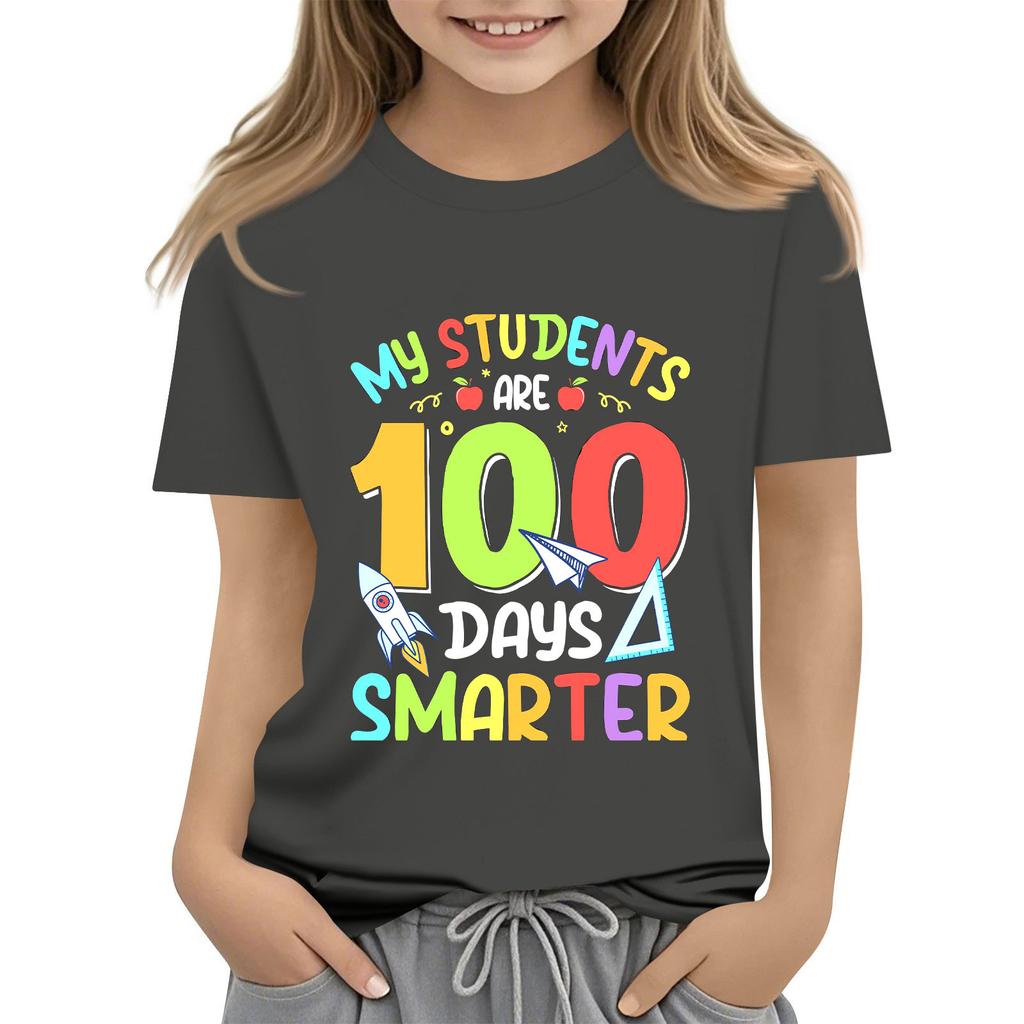 Kids Fashion Casual Short Sleeve 100 Day School Anniversary Printed Round Neck T-Shirt Top