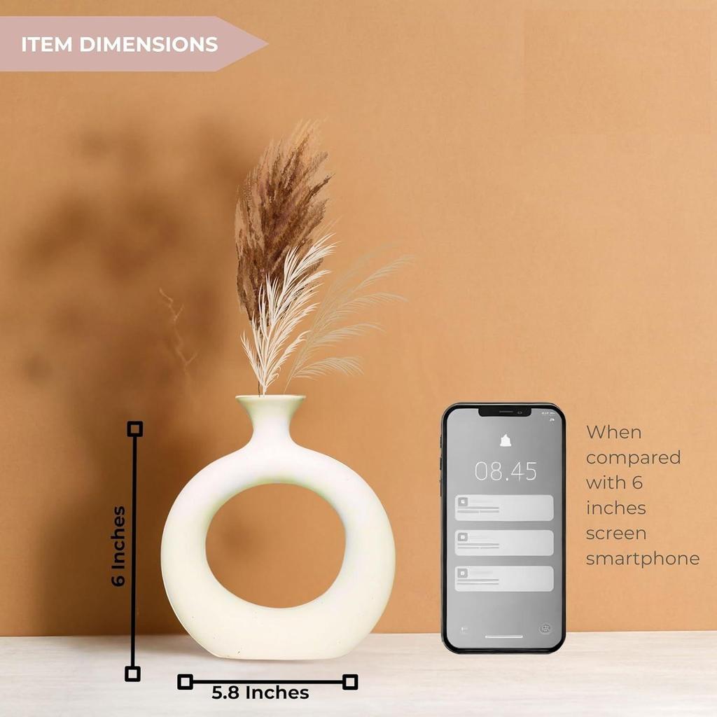 Ceramic 'White Slim Donut Vase' 6 Inch - Set of 2 | Decorative Round Vase for Dried Flowers and Pampas Grass | Vases for Home Decor