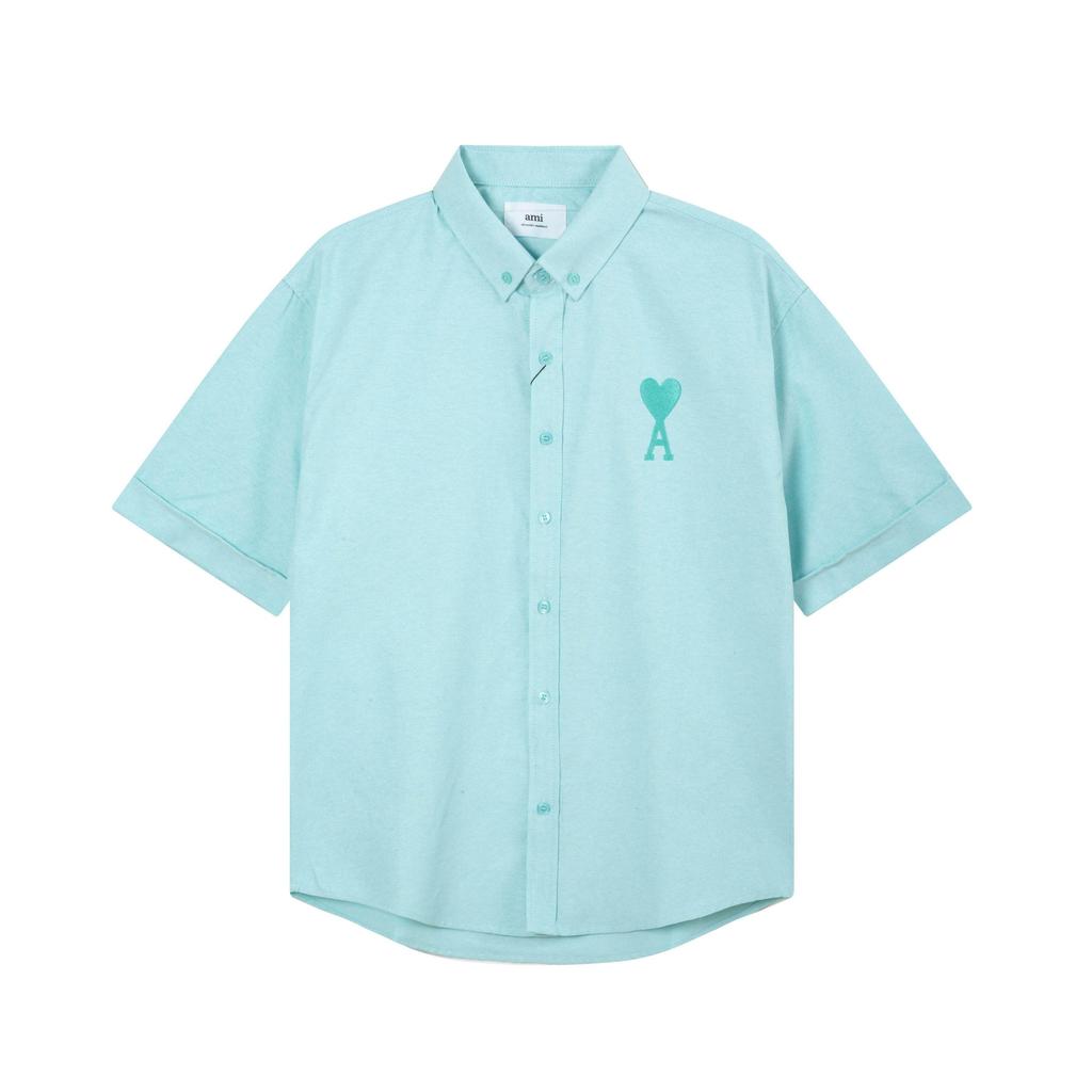 AMI Мужская классическая осенняя рубашка с коротким рукавом, повседневная хлопковая однотонная, с вышивкой сердечка в тон на груди
