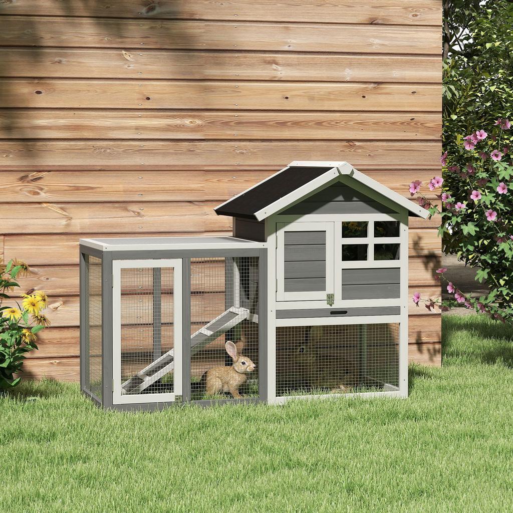 Rabbit Cage with Open Area, Asphalt Roof, Removable Tray and Ramp for Outdoor Use, 123.5x62.6x92.5 cm, Grey