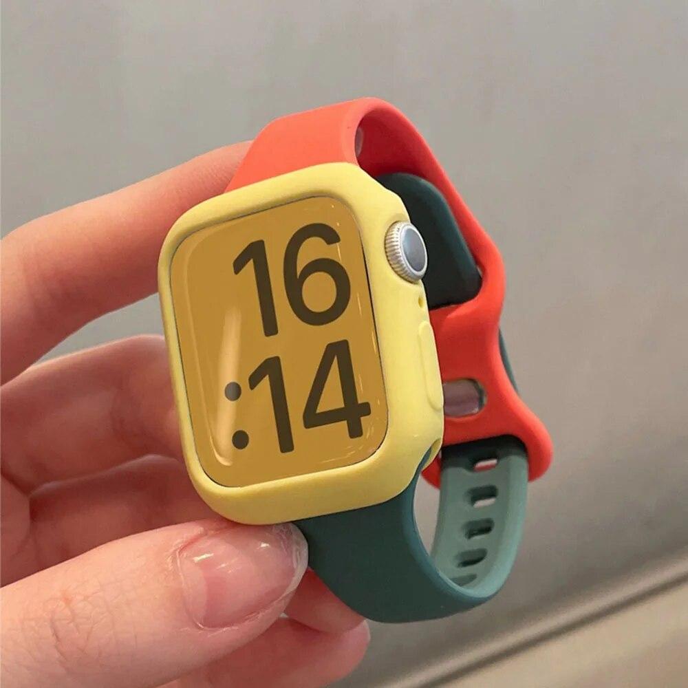 Чехол + Силиконовый ремешок для Apple Watch Band 44мм 45мм 8 7 40мм 42 38 49мм Спортивный ремешок для IWatch Серии 9 8 7 6 SE 5 4 3 2 1