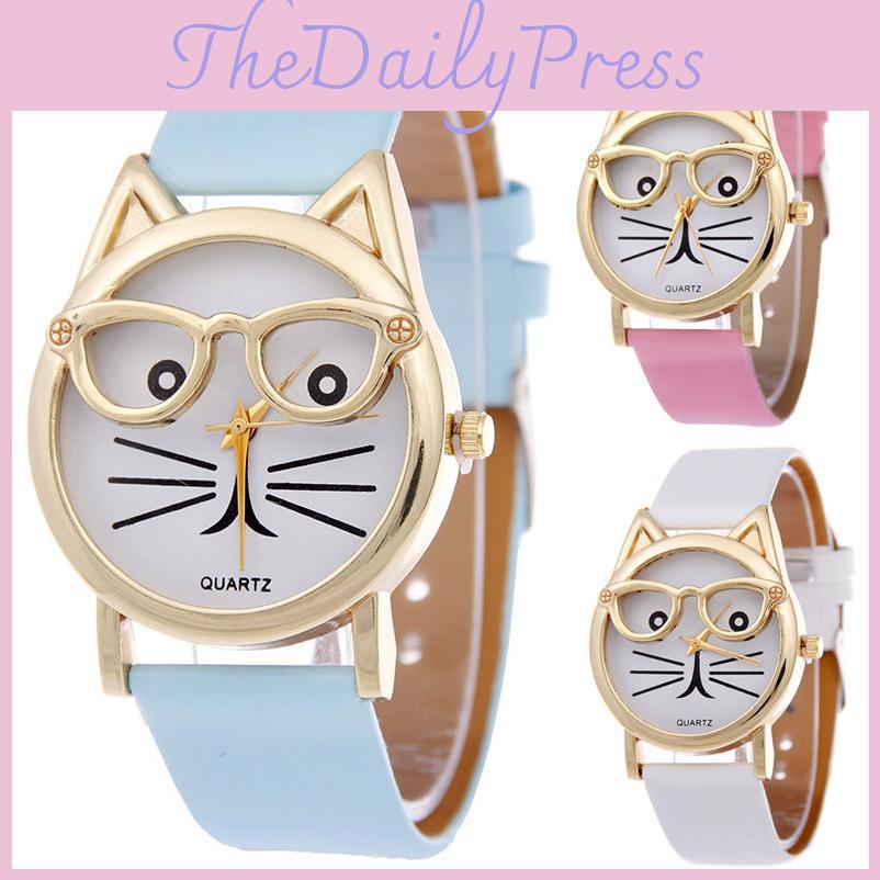 Очаровательные женские кварцевые часы с кошачьей мордочкой и кожаным ремешком, мультяшный дизайн