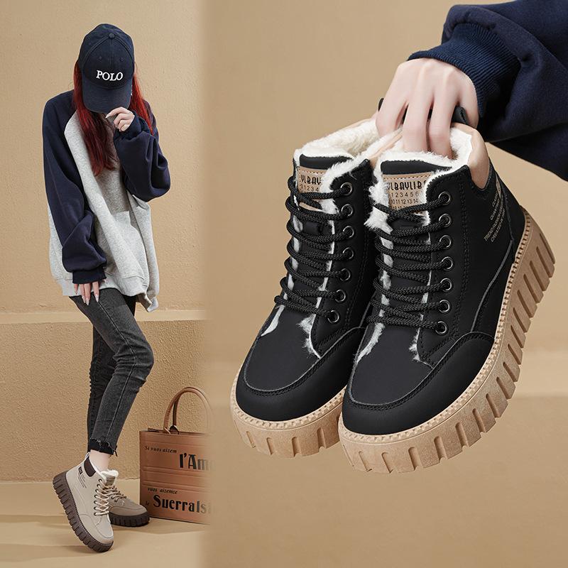 Winter All-match British Style Thick-Soled Inner Increase Women's Shoes Plus Velvet Short Boots