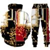 Luxury Golden Floral Print Men's 2 Piece Outfit Retro Baroque Pattern Hoodie/Pants/Set Hip Hop Streetwear Men/Women Jogging Suit