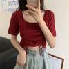 Летняя корейская версия, облегающий свитер с квадратным вырезом и завязками, короткий вязаный свитер с рукавами для женщин, тонкий стиль, верхняя одежда, короткий топ