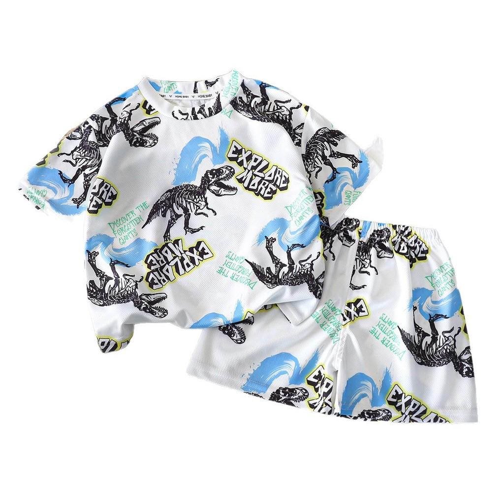 Cartoon Dinosaur Summer Boys Toddler Twopiece Set With Short Sleeve Top And Shorts