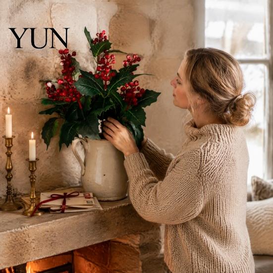 Faux Floral Arrangements for Holiday Decor Artificial Poinsettia Flowers, Christmas Red Bouquet with Berries, Silk Maintenance Free Plant Stems Table