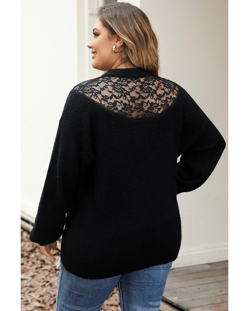 Azura Exchange Black Plus Size Ribbed Knit Lace Splicing High Neck Sweater