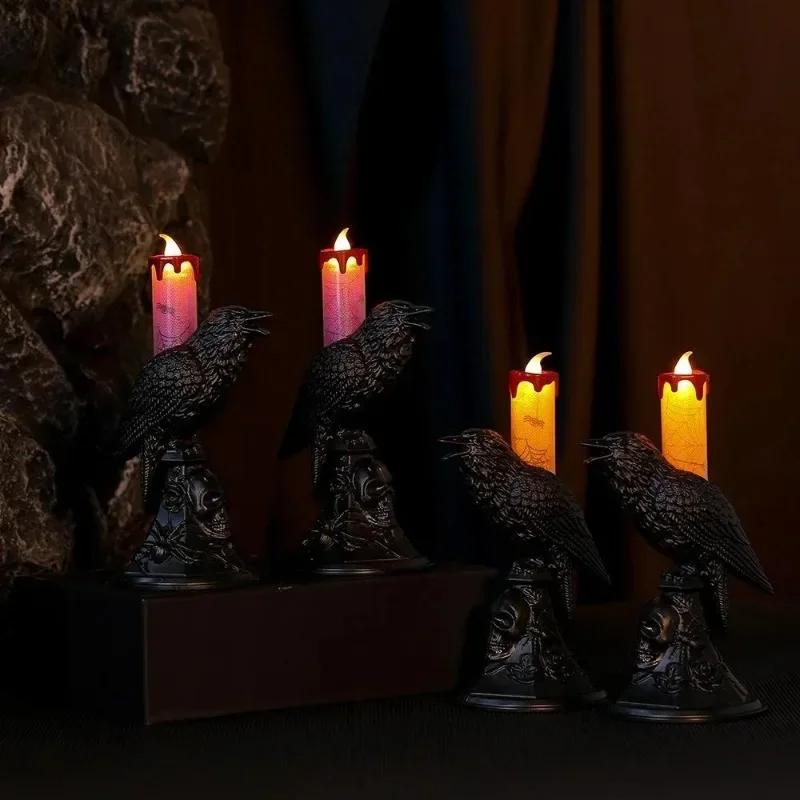 Black Crow Statue Glowing Candlestick LED Candles Lights Halloween Home Decorations Table Lamp Scary Ornaments