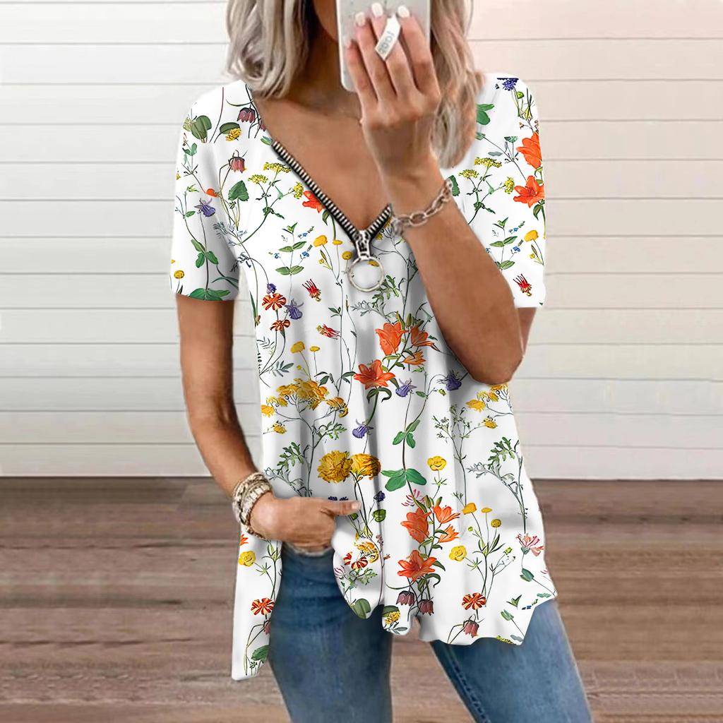 Женский топ, летний новый модный синий полый топ с цветочным принтом, повседневный топ на молнии с v-образным вырезом и короткими рукавами