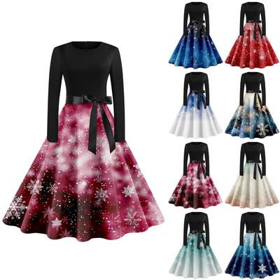 Женское винтажное классическое платье с воротником на талии и галстуком-бабочкой с длинными рукавами и рождественским принтом, с круглым вырезом, свободное платье