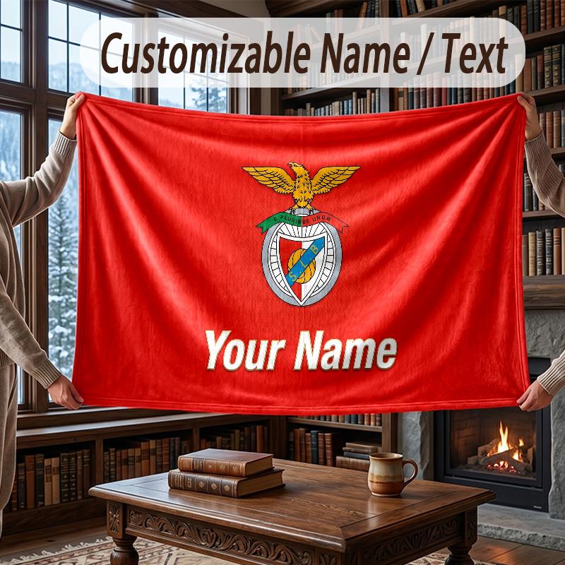 Custom Name Flannel Throw Blanket Benfica FC Pattern Warm Home Decoration