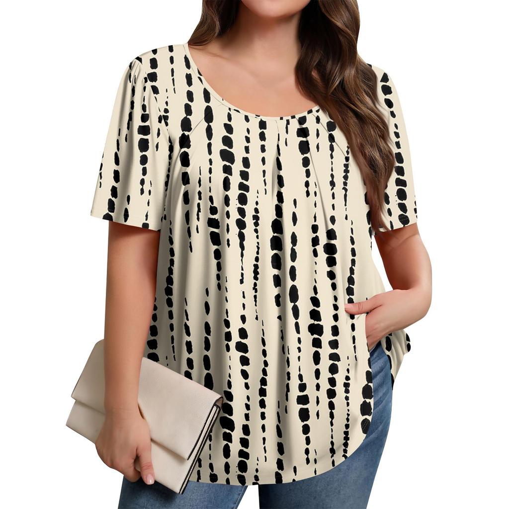 Plus Size Women's Casual Round Neck Pleated Short Sleeve Color Top