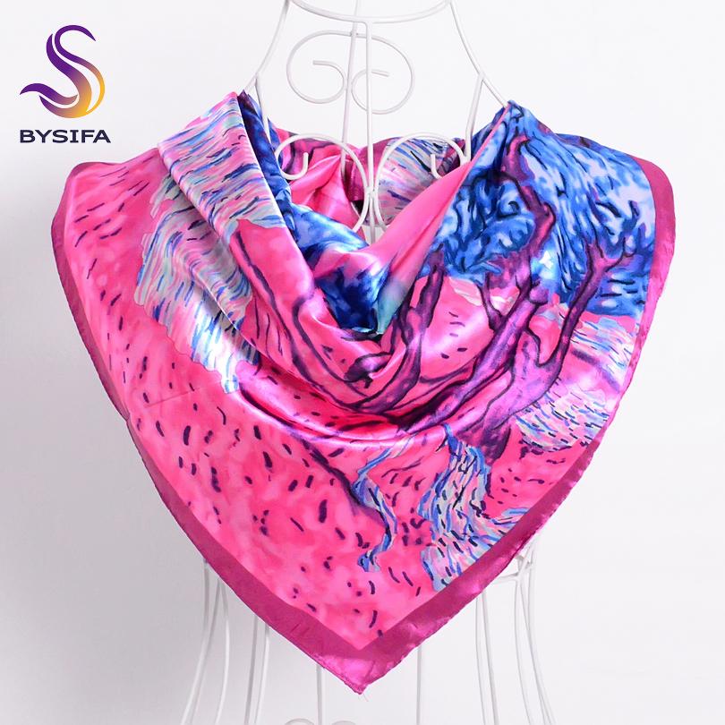 [BYSIFA] Темно-розовый шелковый шарф-шаль Дизайн «Новый восход» Квадратные шарфы Модный головной платок 90*90 см Весенний женский атласный шарф Сали