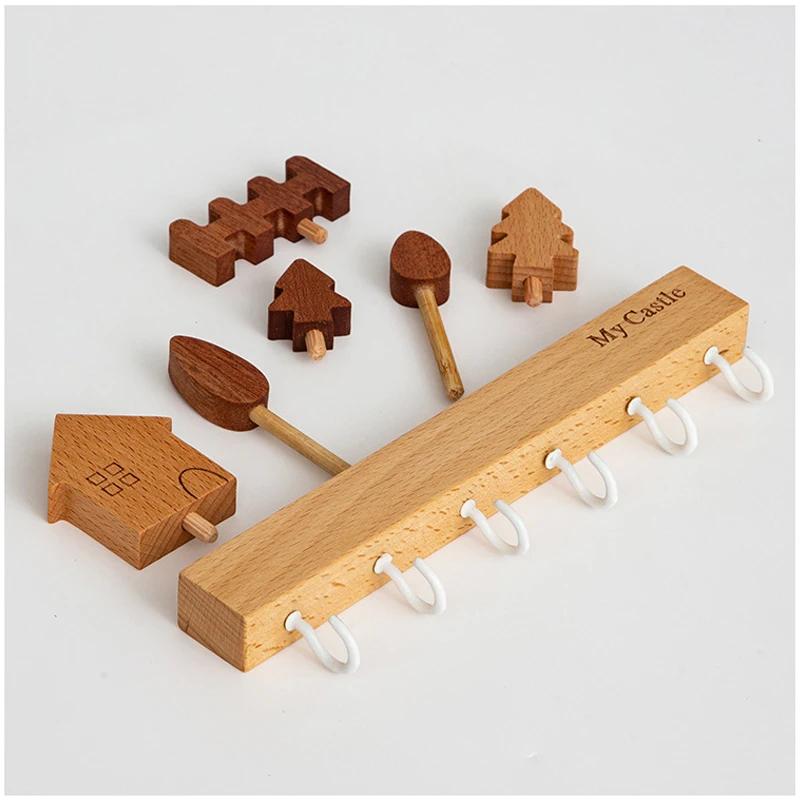 Креативная деревянная настенная стойка для хранения ключей с 6 крючками, настенный органайзер для ключей, домашний декор для прихожей, коридора