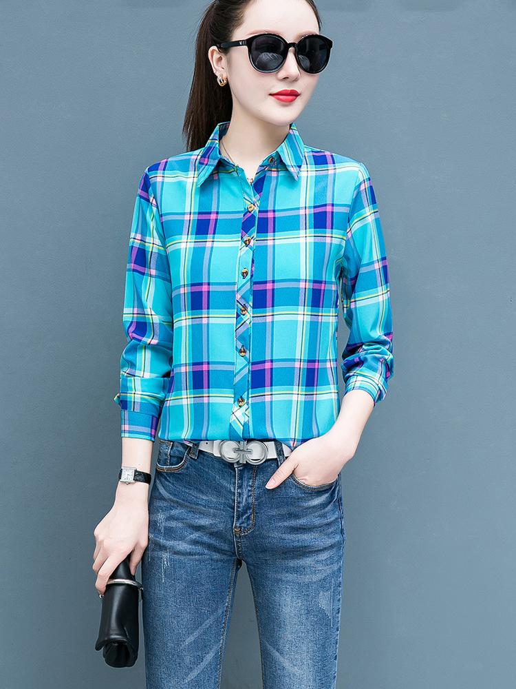 Клетчатая рубашка для женщин, сто женщин, топы, свободная ретро рубашка с длинным рукавом с гонконгским вкусом