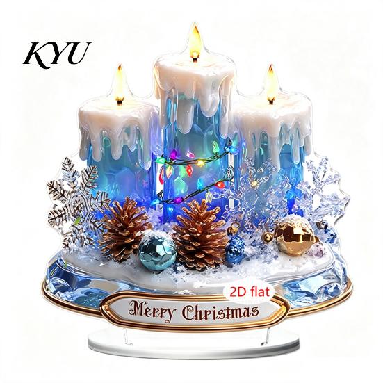 Christmas Tree Decorations Candle Ornament, 2D Flat Acrylic Ornament with Base, Unique Presents Snowman Reindeer Festive Table Centerpiece for