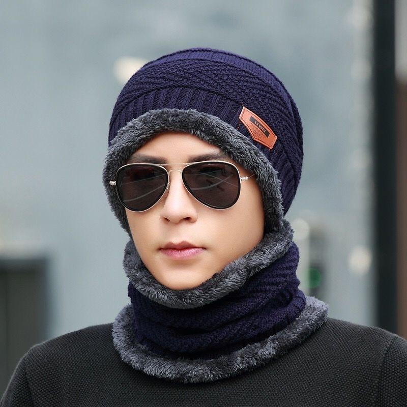 Hat Men's Autumn and Winter Wool Knitted Pullover Hat Fleece Thickened Hat Scarf Two-piece Knitted Hat