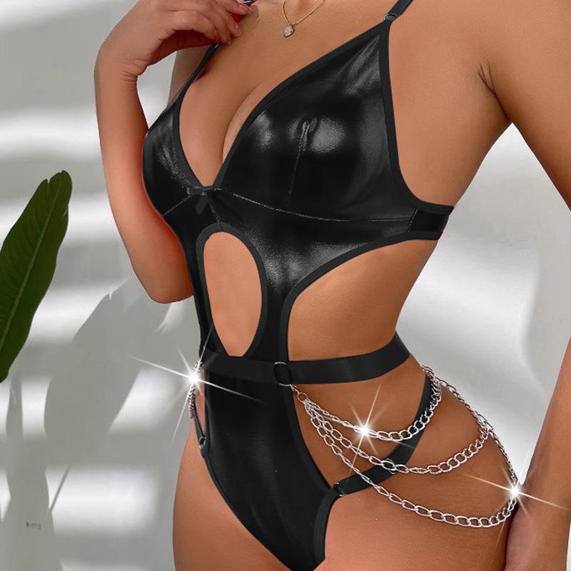 Supply New Sexy Hollow Metal Chain Patent Leather One-piece Sex Underwear Set