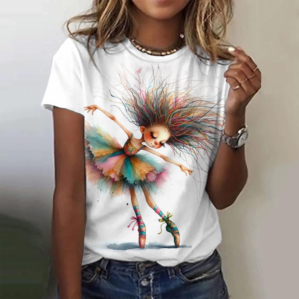 Summer Street Cartoon Women's Top Fashion Printed Little Girl Pattern T-shirt Casual Loose Round Neck Short Sleeve T-shirt