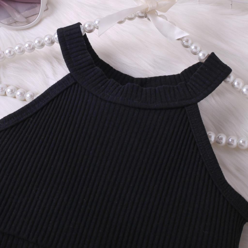 Модный комплект для девочек, летний детский повседневный топ без рукавов с халтернеком, кожаный пояс, комплект из трех предметов