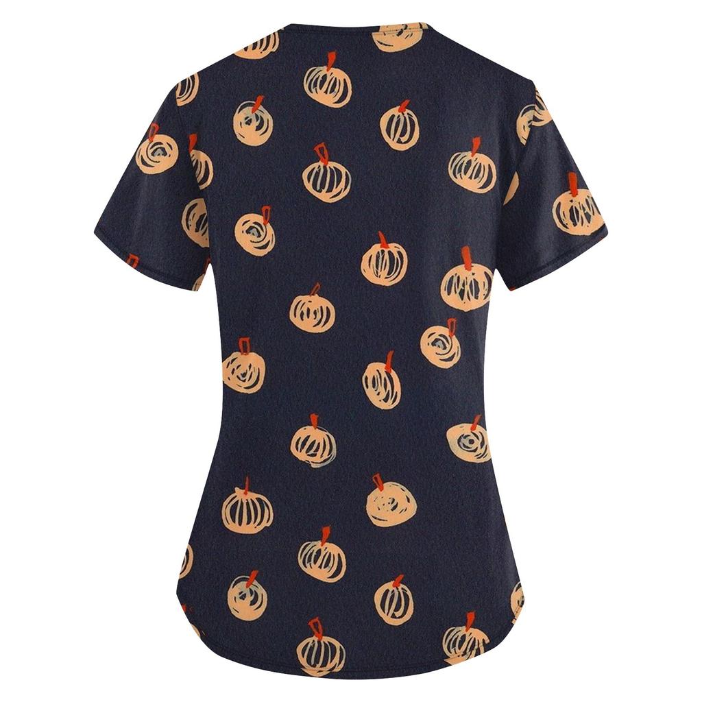 Плюс размер Печатный скраб Рабочая форма Топы для женщин Крест V-образным вырезом Хэллоуин Принт с короткими рукавами Забавные футболки Спецодежда Футболка с карманами