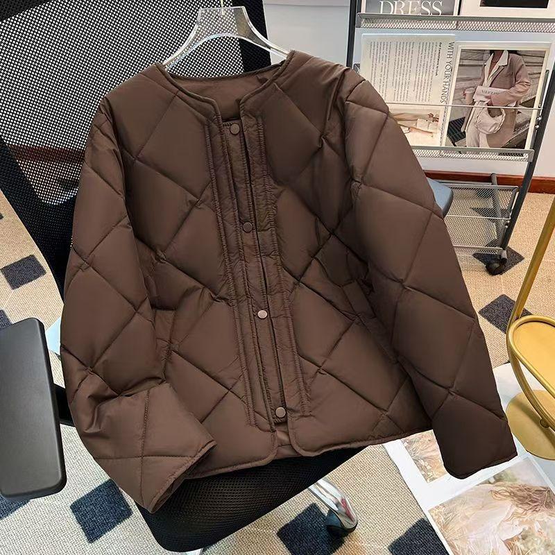 Autumn and Winter Thin Down Cotton Cotton Jacket Collarless Rhombus Grid Small Man Thin Women's Jacket