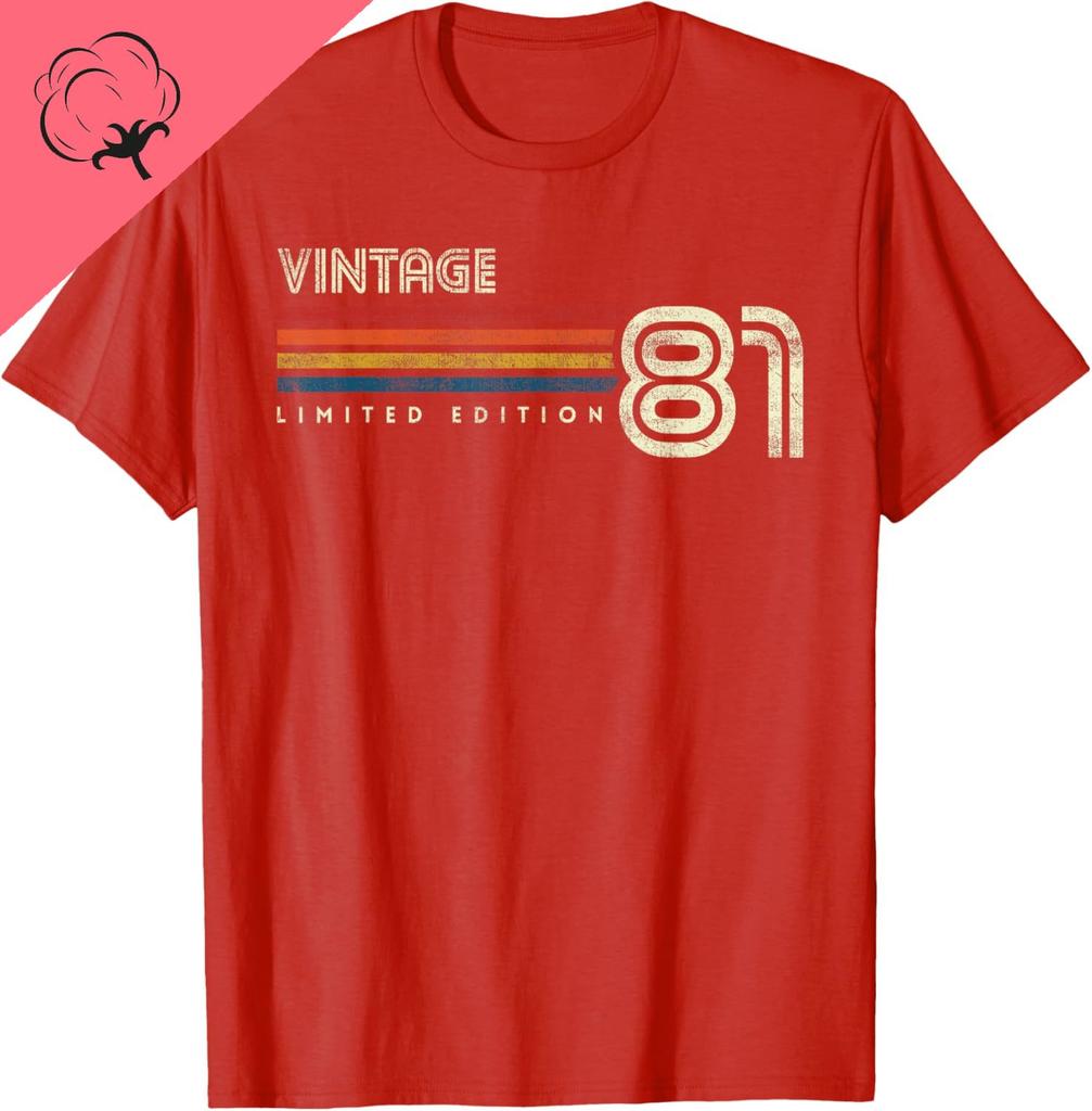 Vintage 1981 Chest Stripe Birthday Tshirt Casual Streetwear Cotton Printed Tshirt Camiseta Hombre