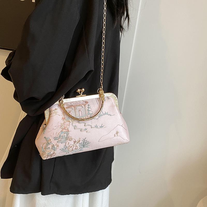 Вышитая сумочка, новый стиль, старинный стиль, ципао, банкетный клатч, цепочка, металлический замок, маленькая квадратная сумка