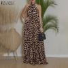 Women Summer Stand Collar Off Shoulder Sleeveless Leopard Print Long Dress