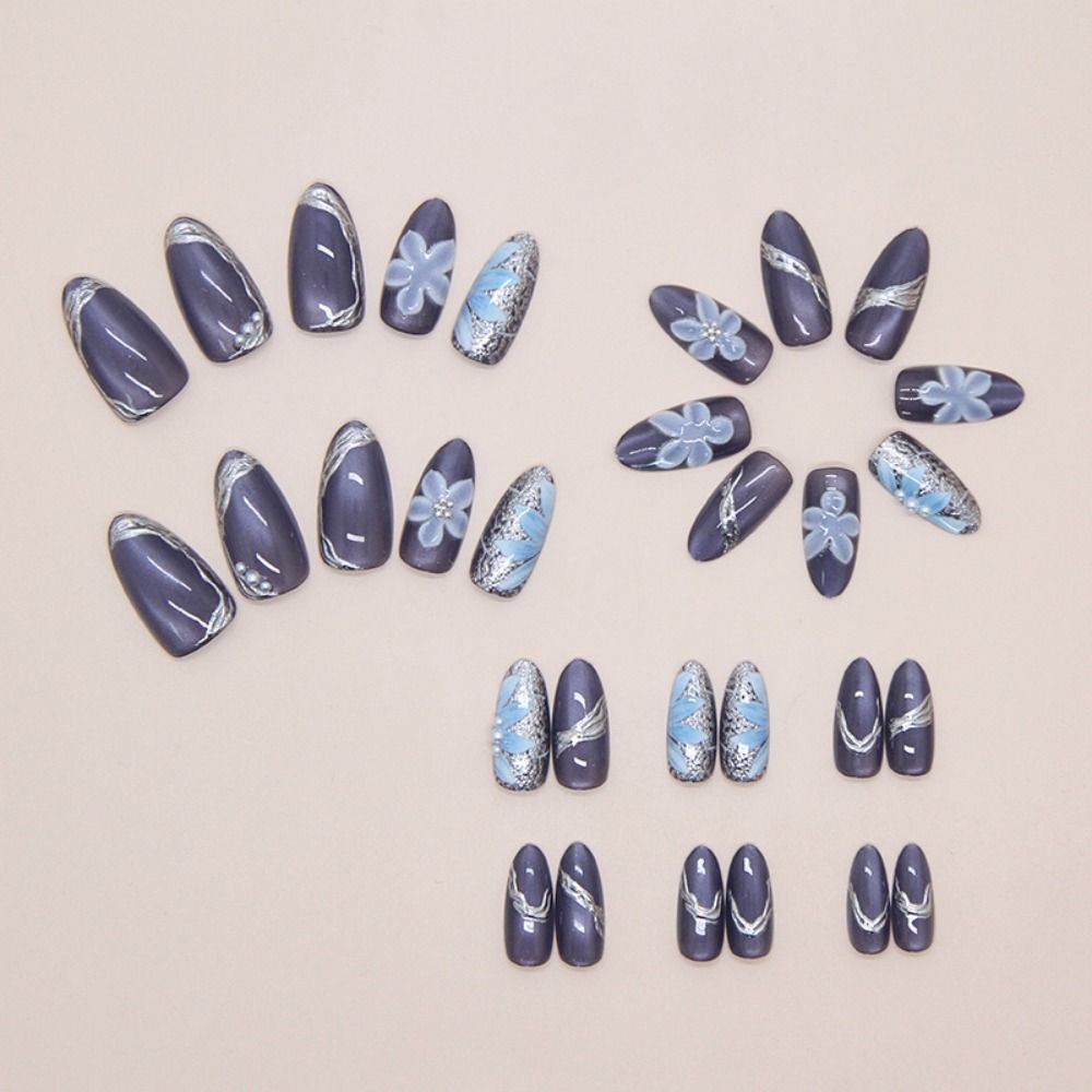 30pcs Crystal and Bow Knot False Nails Cat Eye Flowers Nail Tips Manicure Fake Nails Women