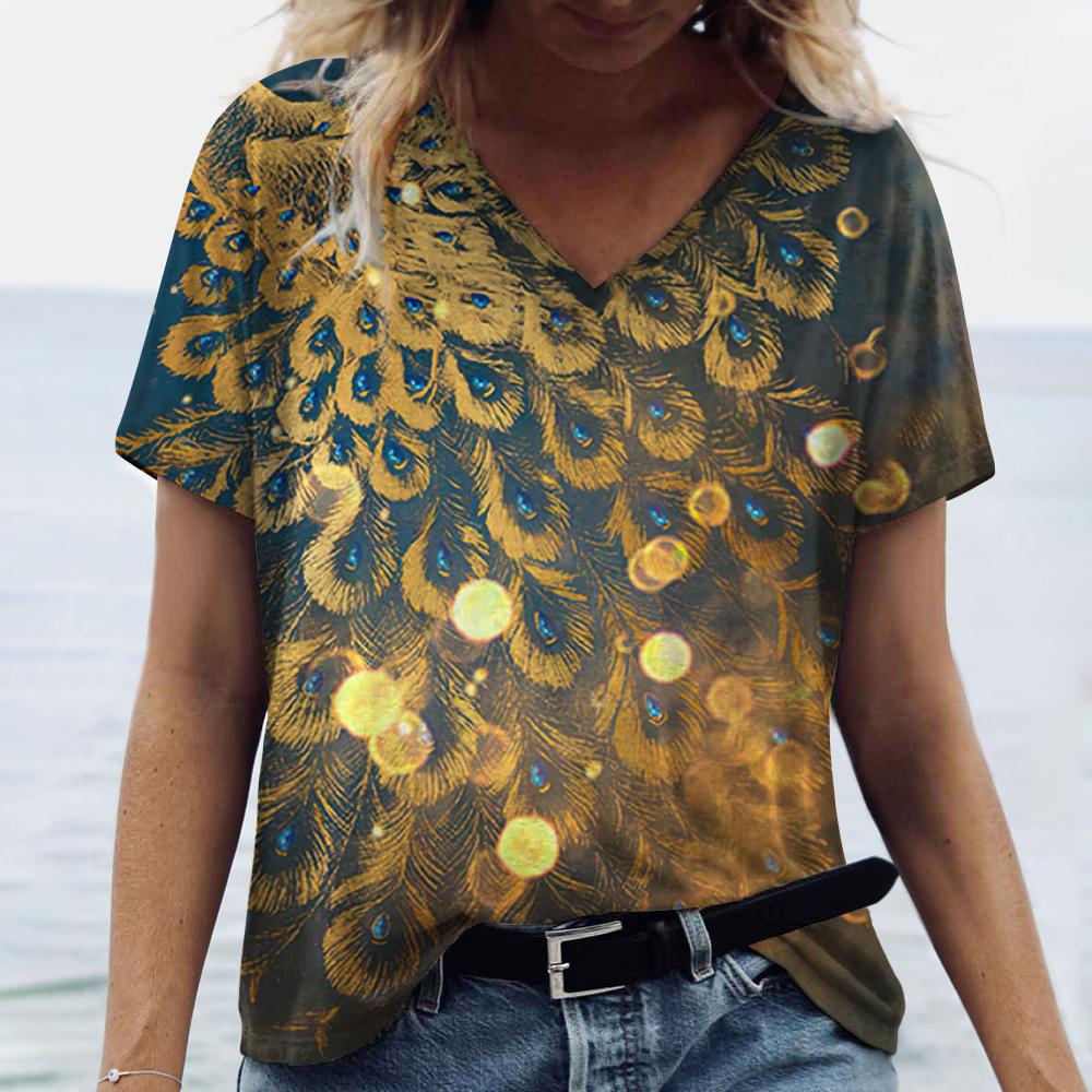 Summer V Neck Women T-Shirts Peacock Feather Graphic Fashion Short Sleeve Harajuku Y2k Top Oversized Casual Female T Shirt
