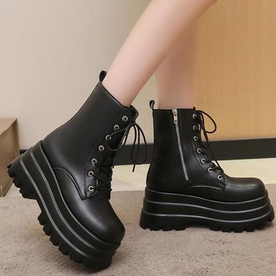 Новая обувь для женщин Зимние женские ботинки Однотонные Квадратный носок Высокий каблук Платформа Водонепроницаемые На шнуровке Застежка-молния Женская обувь