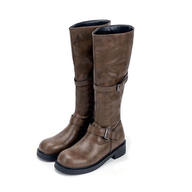 Модные ретро сапоги-рыцари с круглым носком на толстой подошве, с полировкой под старину, женские сапоги на среднем и высоком толстом каблуке, универсальные сапоги в стиле милитари