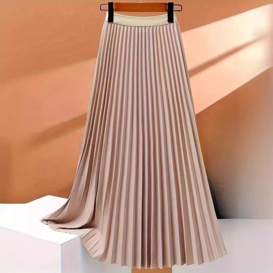 Women Pleated Skirt Elastic High Waist Solid Color Midi Skirt Soft Breathable Office Lady Slimming Skirt Daily Wear