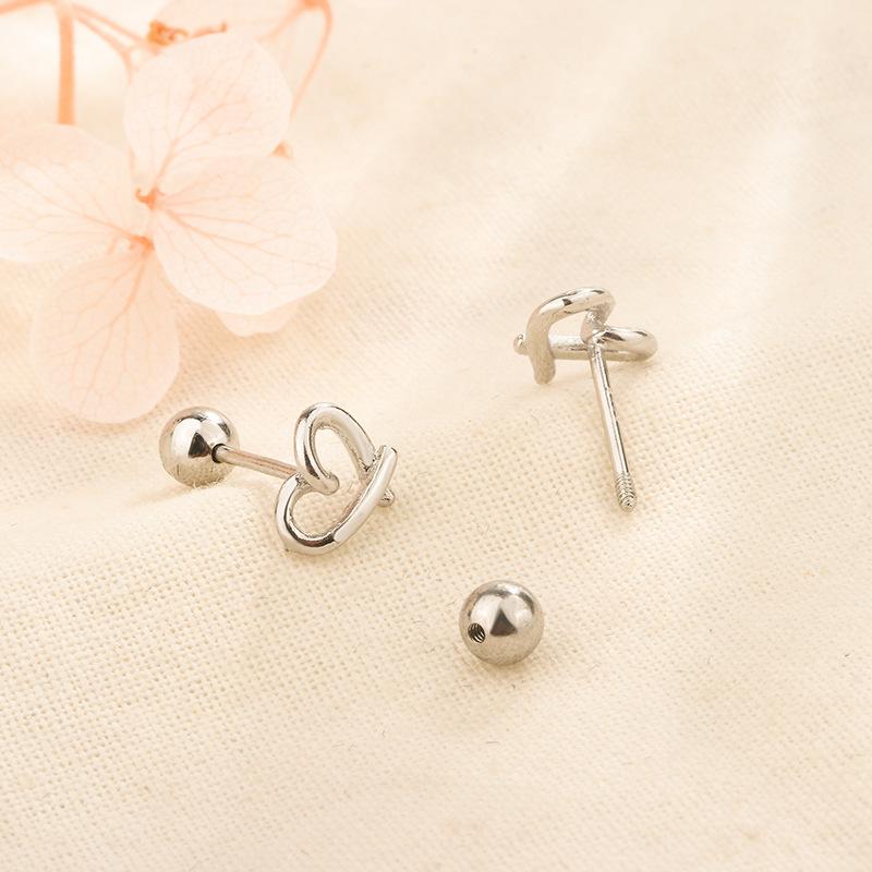 S925 Silver Sweet Hollow Heart Screw Back Earrings For Women Minimalist Small Cartilage Studs Sleep Friendly