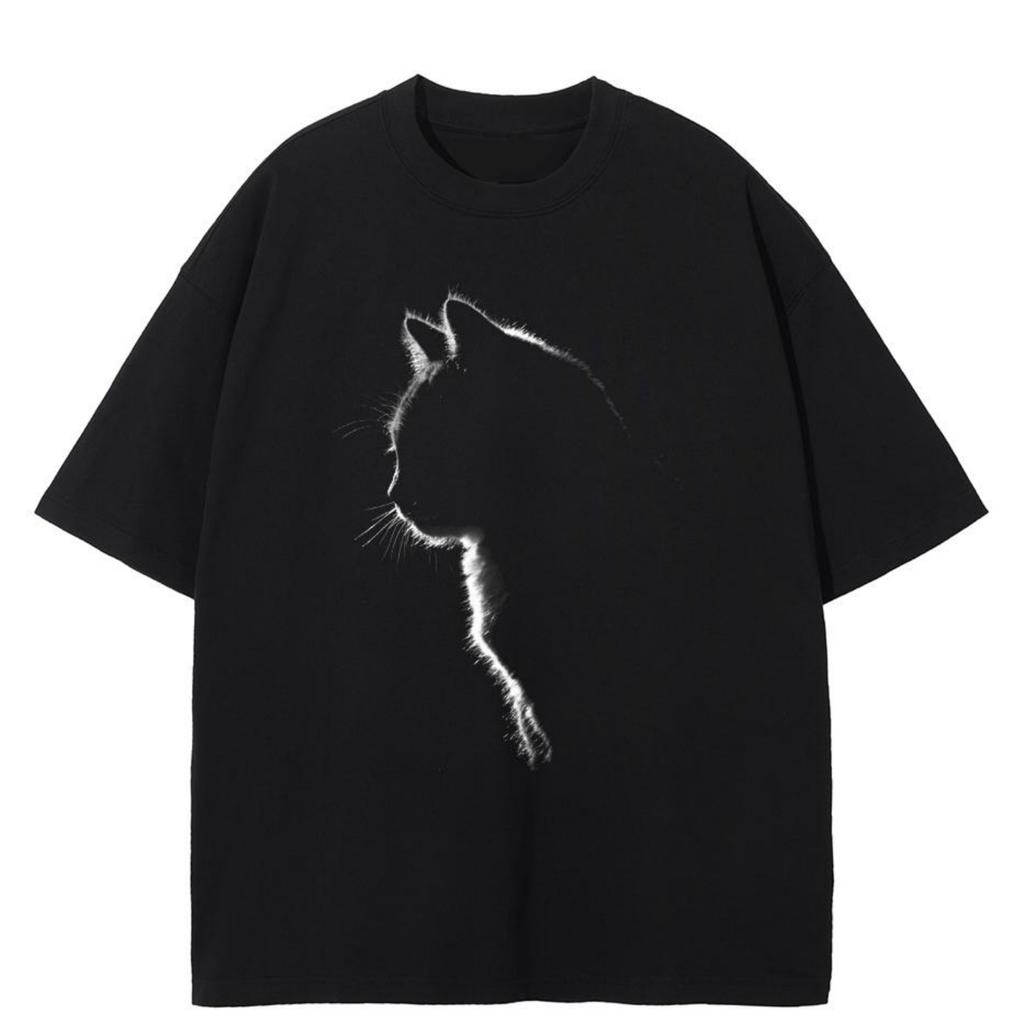 Streetwear Кот Тень Графическая Футболка Хлопковая Футболка Унисекс Топы Футболки Летние С Коротким Рукавом Футболка