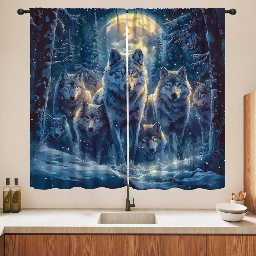 Blackout Wolf Curtains Retro Nature Wildlife Drapes Aurora Forest Wolves Animal Pattern Window Treatments Curtain Living Made Of Polyester Washable